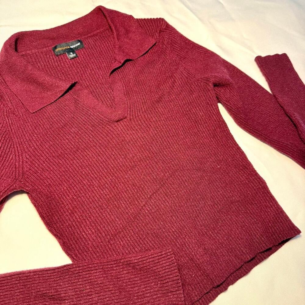 Ambiance Apparel Burgundy ribbed knit long sleeve top with collar, work, fall